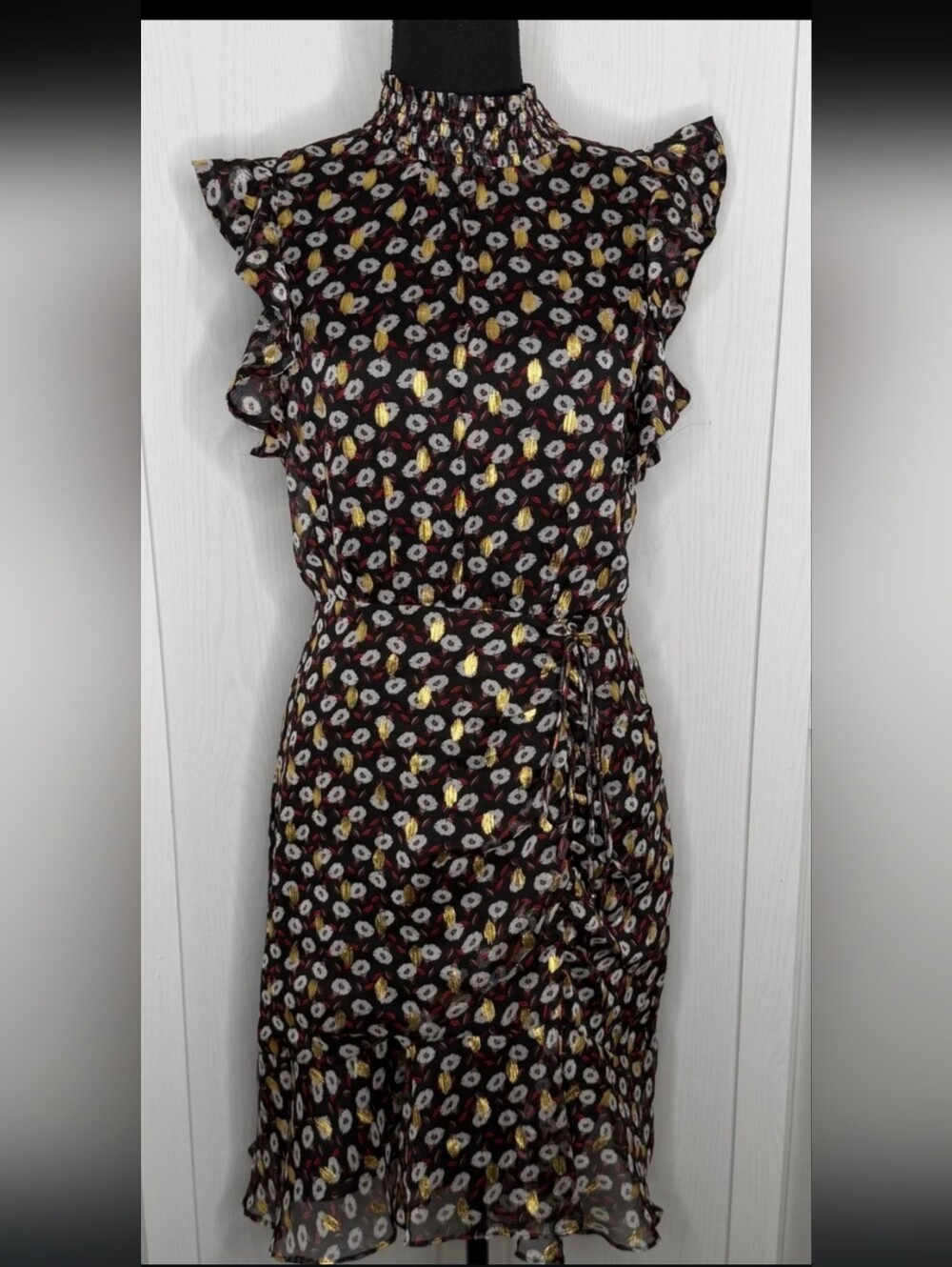 Sam Eelman Black Chiffon Eyelit Dress w/Eyelits Gold, Red & White Sp